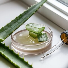 Jar of delicate clear moisturizer essence face cream, face gel, serum on white background with green leaves. Cosmetic products for skin care and makeup.
aloe