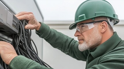 skilled electrician adjusts and organizes cables while wearing safety gear in an industrial environment, focusing on ensuring proper connections and safety standards