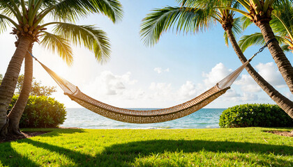 Tranquil hammock swing under palm trees by ocean, summer relaxation