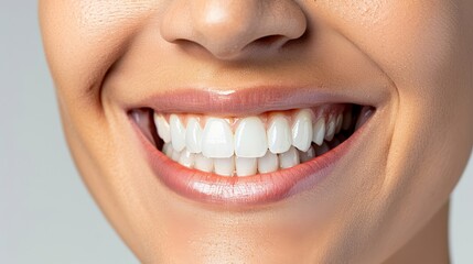 Fototapeta premium World Oral Health Day.Close-up of a smiling mouth showcasing clean, white, straight teeth and healthy gums.