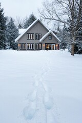 Cozy cabin in snowy landscape with footprints.