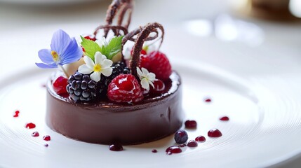 A beautifully decorated chocolate cake with rich ganache, fresh berries, and edible flowers, set on a white plate.
