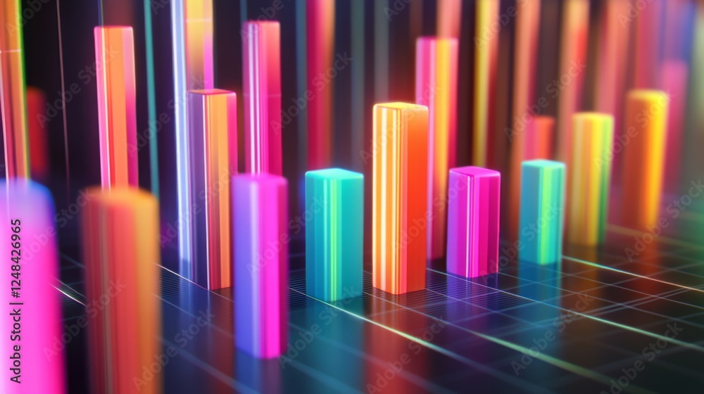 Fototapete A close-up of a D bar graph displaying financial data with vibrant, colorful bars rising above a grid, showcasing the dynamic nature of investment trends.