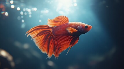 Obraz premium Realistic Image of a Colorful Betta Fish Swimming Gracefully in a Dimly Lit Underwater Environment