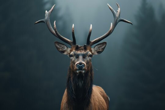 International Day of Forests. A majestic deer standing in the misty forest with large antlers, symbolizing wilderness.
