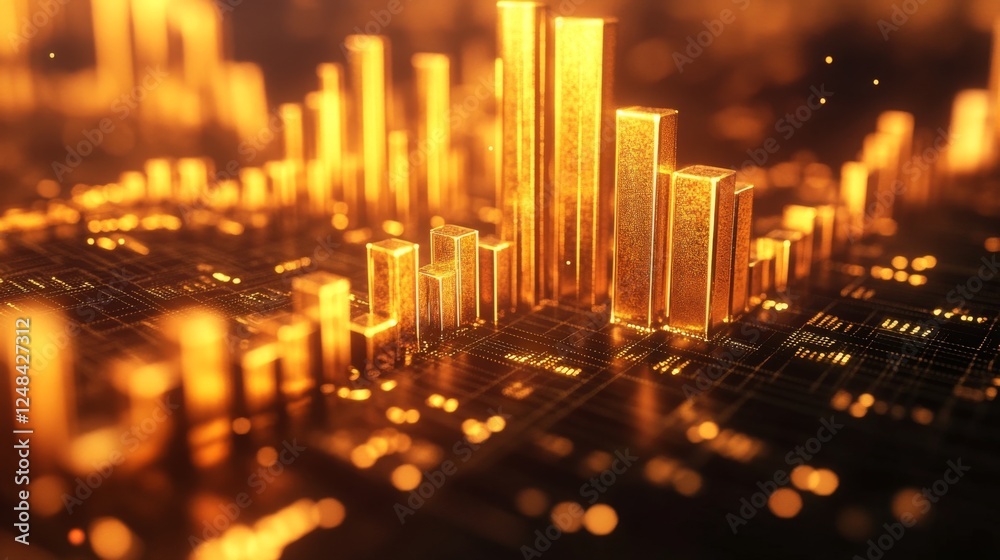 Poster a close-up of a d gold bar chart on a digital screen, with gleaming gold bars rising from a grid, re