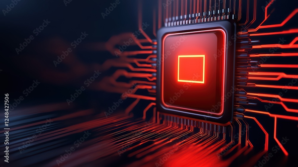 Poster glowing microprocessor on circuit board with abstract technology design