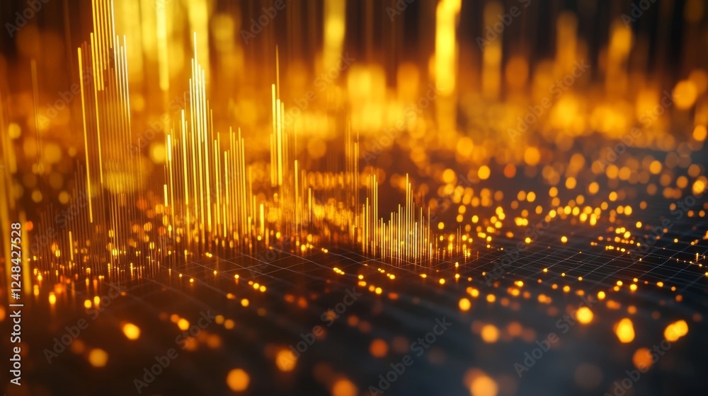 Poster a close-up of a d gold scatter plot with golden data points floating above a grid, showcasing the di