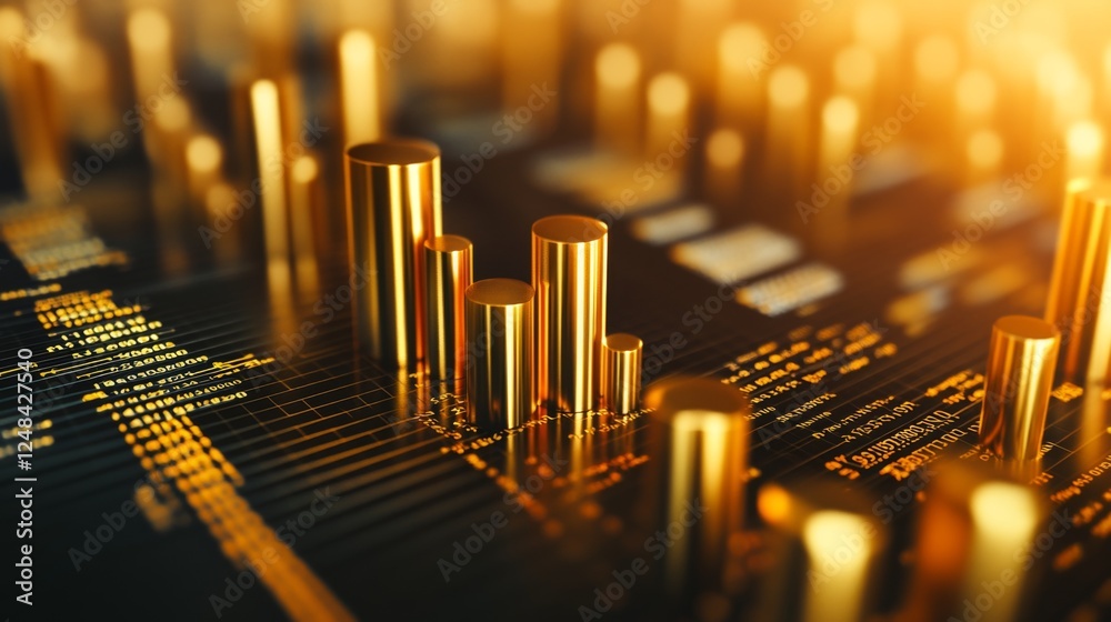 Poster A close-up of a D gold stacked column graph with golden layers and segments, illustrating a breakdown of financial data with a luxurious and detailed presentation.