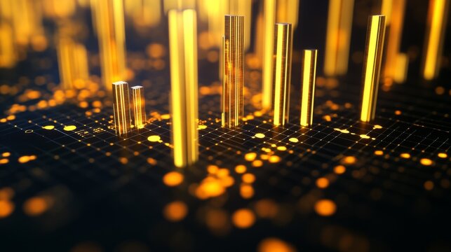 A close-up of a D gold scatter plot with golden data points floating above a grid, showcasing the distribution of investment values in a high-end, dynamic presentation.