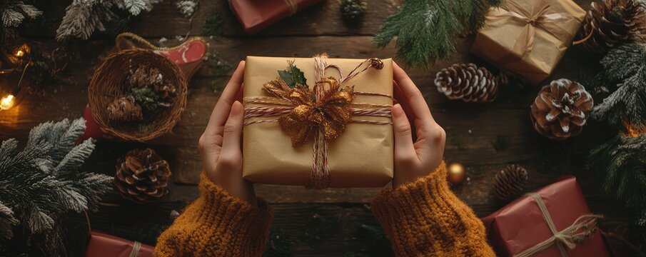 Hands holding a wrapped gift with string bow