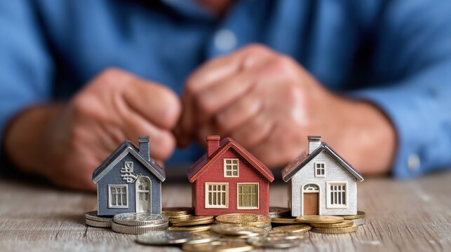 Small model houses in various colors sit on a wooden table surrounded by coins. individual leans forward, contemplating real estate investments during a financial planning session