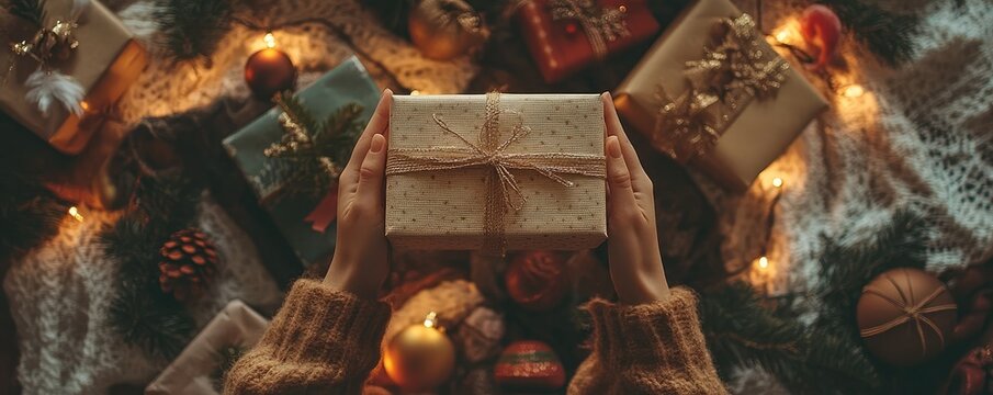 Hands holding a wrapped gift with string bow