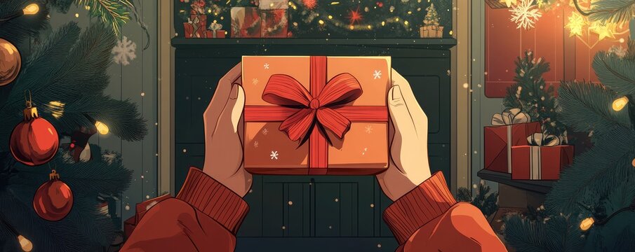 Hands holding a wrapped gift with string bow