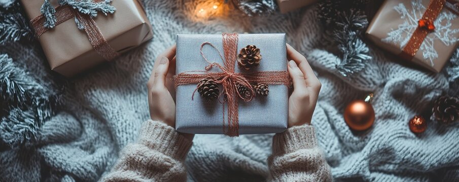Hands holding a wrapped gift with string bow