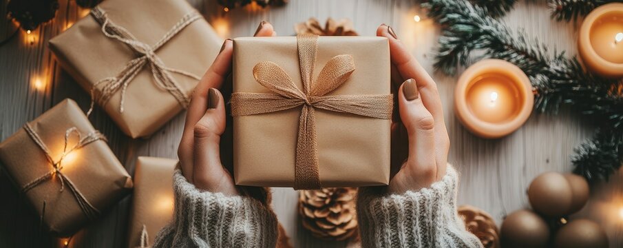 Hands holding a wrapped gift with string bow
