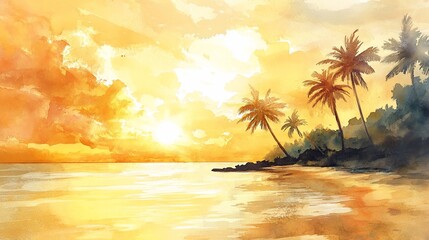 Watercolor tropical sunset with palm trees along beach under golden sky