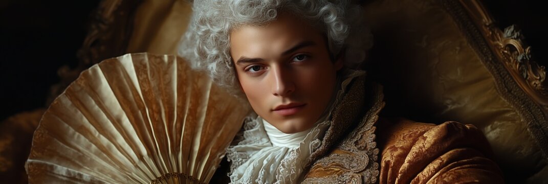 Elegant nobleman posing with a hand fan in luxurious interior, reminiscent of giacomo casanova