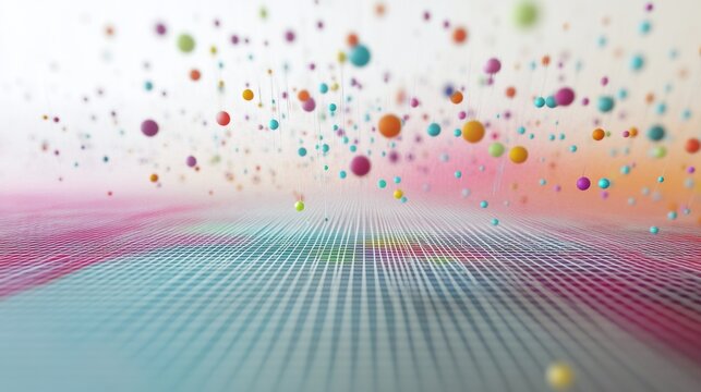 A close-up of a D scatter plot with data points floating above a grid, using different colors and sizes to represent various data metrics.