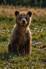 Obraz premium Cute bear cub enjoying a sunny day! Adorable wildlife scene perfect for nature projects, children's books, and heartwarming content
