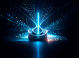 A double exposure effect illuminates a futuristic structure with vibrant blue light beams shooting upwards, creating a dynamic and abstract digital design.