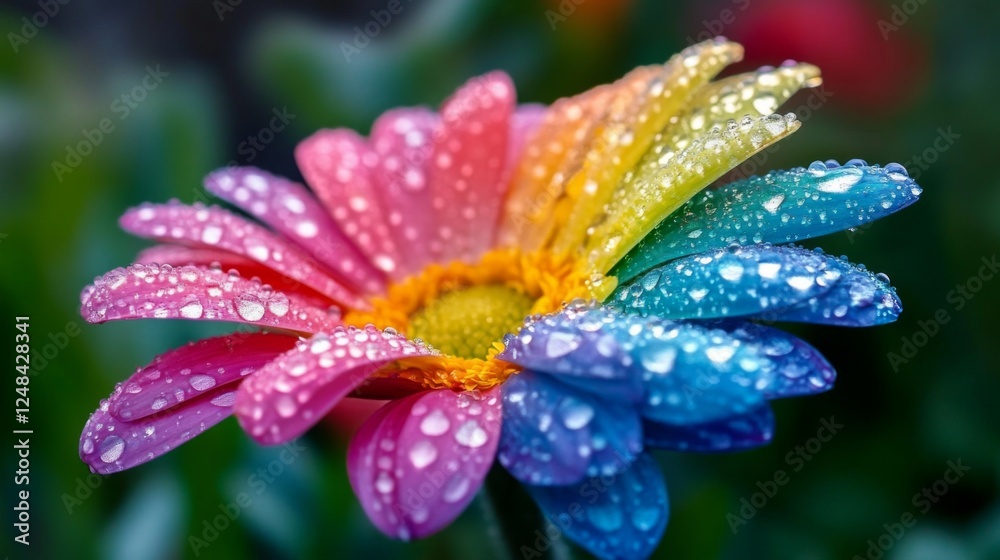 Aufkleber a close-up of a colorful flower with dew-covered petals, captured with soft focus and a light mist i