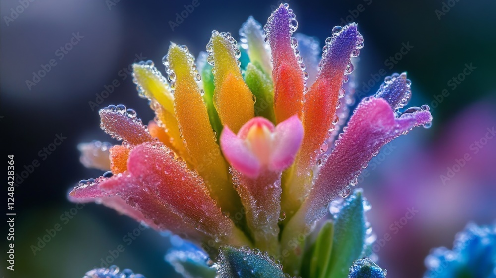 Aufkleber A close-up of a colorful flower with dew-covered petals, captured with soft focus and a light mist in the background.