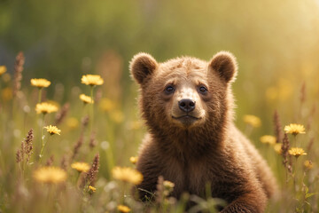 Fototapeta premium Cute bear cub enjoying a sunny day! Adorable wildlife scene perfect for nature projects, children's books, and heartwarming content