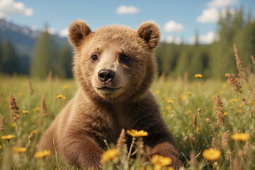 Obraz premium Cute bear cub enjoying a sunny day! Adorable wildlife scene perfect for nature projects, children's books, and heartwarming content