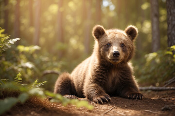 Obraz premium Cute bear cub enjoying a sunny day! Adorable wildlife scene perfect for nature projects, children's books, and heartwarming content