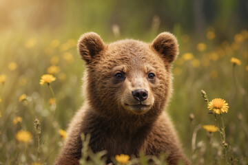 Fototapeta premium Cute bear cub enjoying a sunny day! Adorable wildlife scene perfect for nature projects, children's books, and heartwarming content