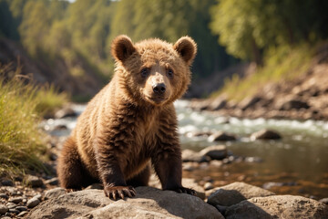 Obraz premium Cute bear cub enjoying a sunny day! Adorable wildlife scene perfect for nature projects, children's books, and heartwarming content
