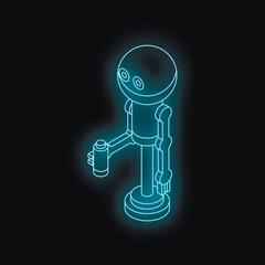 Glowing neon outline of a robot holding a battery, symbolizing the connection between energy and robotics in a futuristic setting