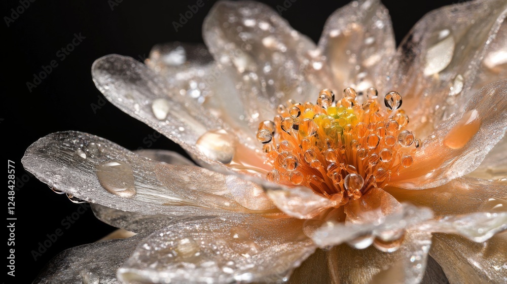 Poster a close-up of a flower with clear water droplets gently resting on its petals, creating a serene, tr