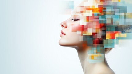 This artwork showcases a womans side profile, with her head dissolving into vibrant, abstract colors. vivid hues represent creativity, emotions, and thoughts blending together
