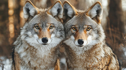 Fototapeta premium Two wolves standing side by side in a snowy forest setting during the winter season at dawn. Generative AI