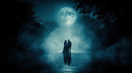 Couple embraces in moonlit mist over serene water at night in a tranquil forest setting. Generative AI