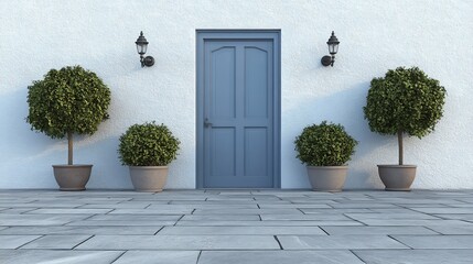 Blue door, potted plants, and stone pavement on a white wall.