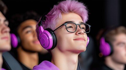 Fototapeta premium young gamer with pink hair and glasses smiles confidently while wearing large purple headphones. focus is on the energetic atmosphere of an esports tournament, filled with participants