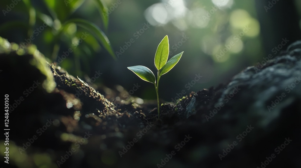 Poster a close-up of a tiny green seedling sprouting from rich, dark soil, illuminated by soft sunlight in 