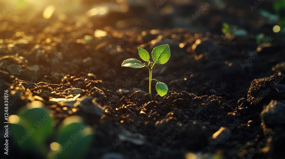 Poster a close-up of a tiny green seedling sprouting from rich, dark soil, illuminated by soft sunlight in 