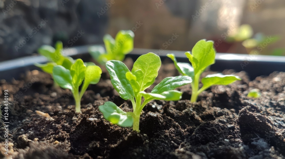 Poster a close-up of a tiny green seedling sprouting from rich, dark soil, illuminated by soft sunlight in 