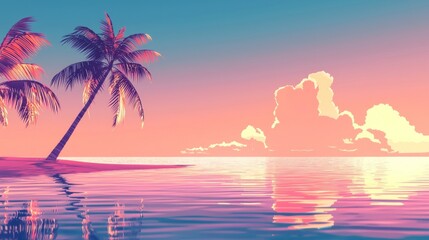 Fototapeta premium Tranquil Sunset Paradise: Palm Trees, Pink Sky, Serene Ocean