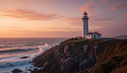 Naklejka premium A lighthouse standing tall on a rocky cliff, overlooking the ocean as waves crash against the shore. The sky is painted in shades of orange and pink during sunset.