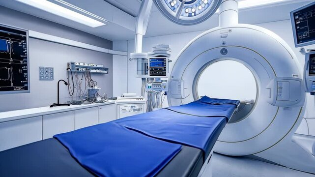 A hospital room with a CT scan machine