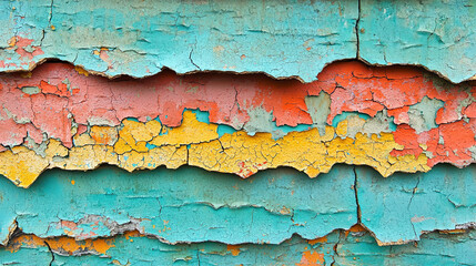 Obraz premium Distinct layers of peeling paint showcasing vibrant colors and patterns on a weathered surface in a urban setting. Generative AI