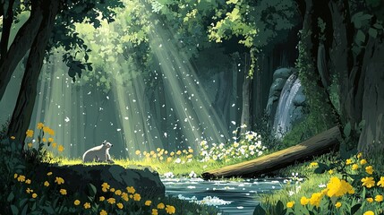 Serene Forest Animal Near Waterfall Peaceful Scene