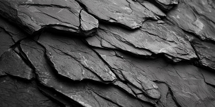 close-up of the surface texture of dark gray slate, showcasing its unique patterned and rugged quality. 