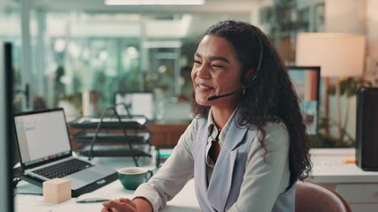Woman, video call and laughing with headset by computer for virtual meeting, online consultation or funny client query. Night, friendly financial advisor and customer service for portfolio management