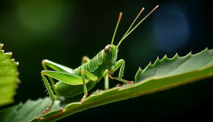 A macro shot of a tiny green grasshopper camouflaged on a leaf, highlighting its textured body and intricate details. The vibrant green hue blends seamlessly with the leaf
